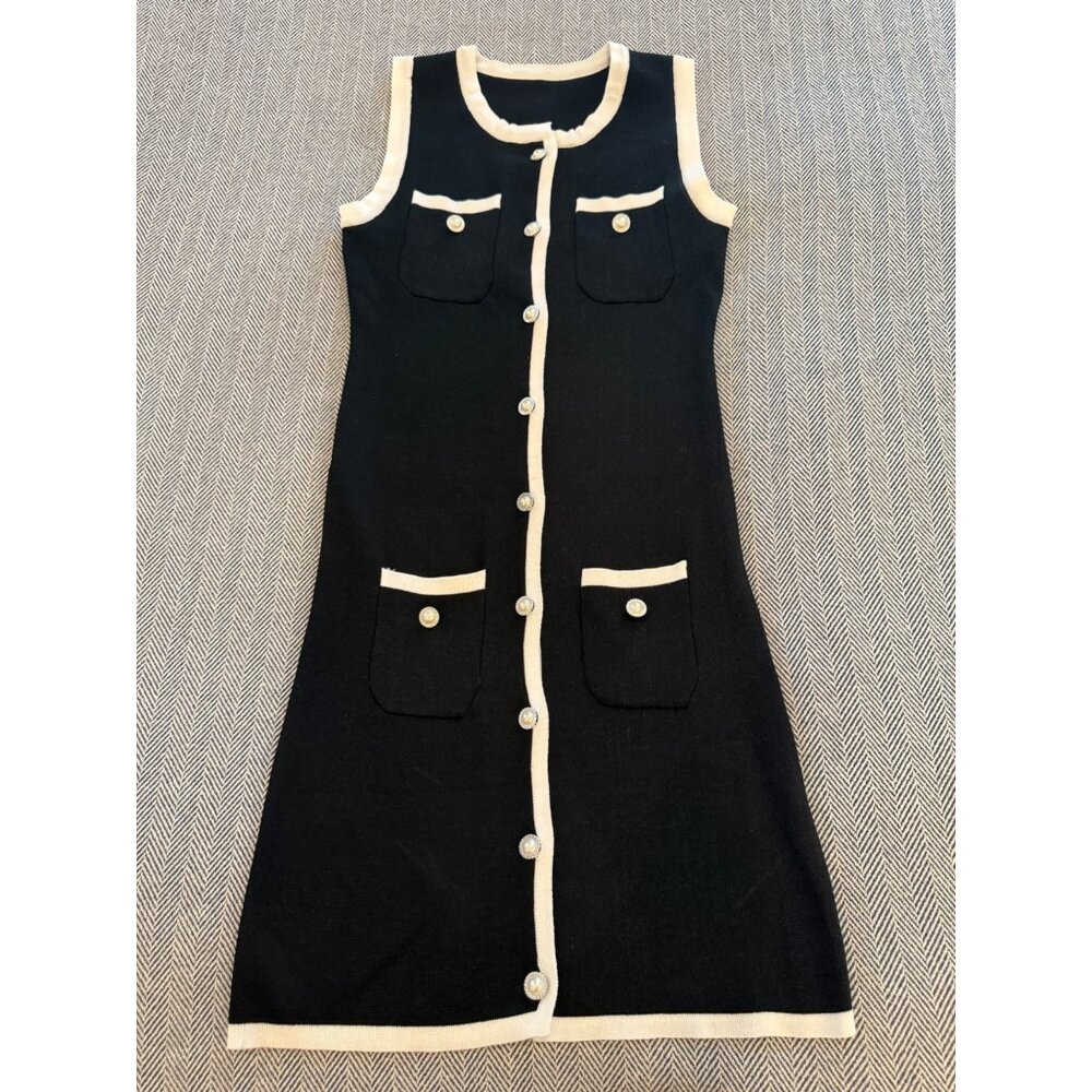 Vintage-Inspired Black Sleeveless Knit Dress With Pearl Buttons & Cream Trim Mid